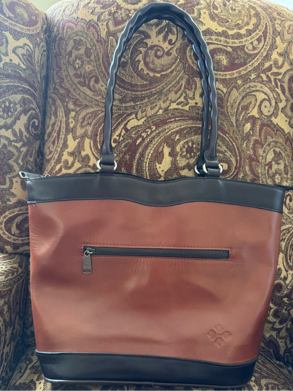 Patricia Nash Brown Leather Embroidered Tote with Black Trim and Tassel - Picture 4 of 8
